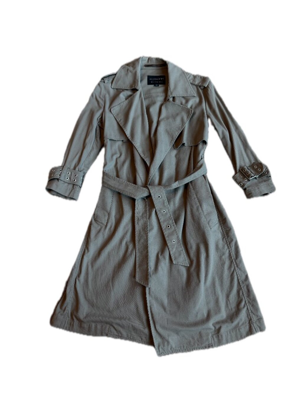 All Saints Kay Mac Sage Green Belted Trench Coat Jacket Eyelet Size 0 Women's